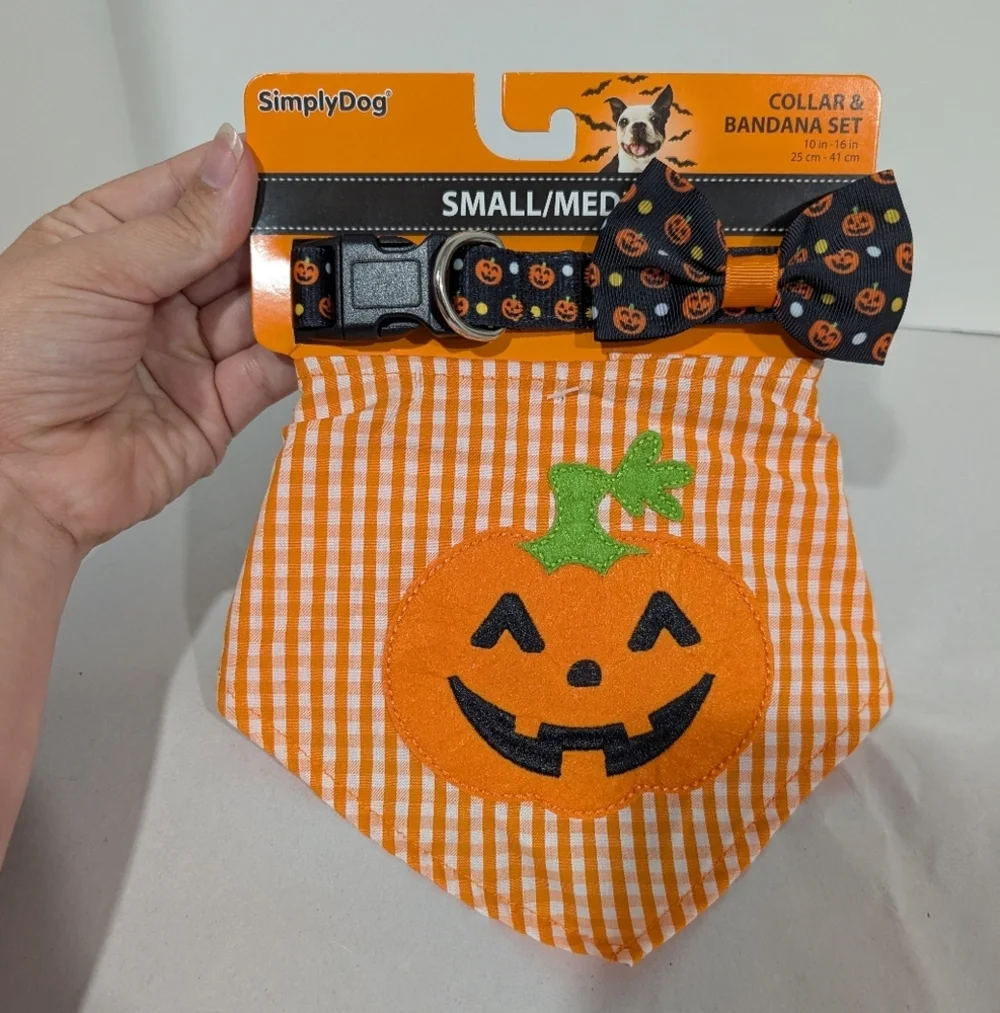 NWT Simply Dog Halloween Collar & Bandana Set - Orange and Black